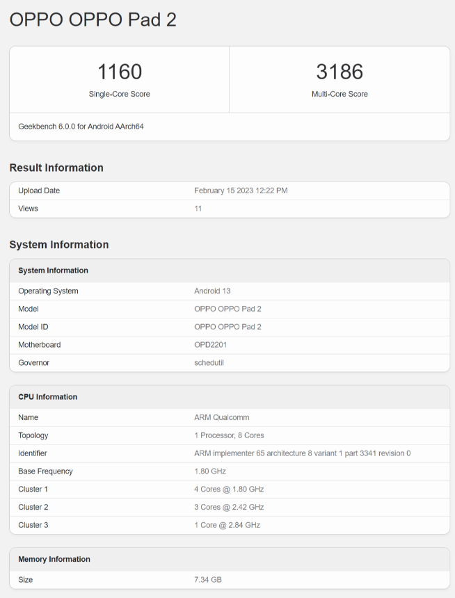 Geekbench 测试数据曝光，OPPO Pad 2 单核得分超过 1100 分