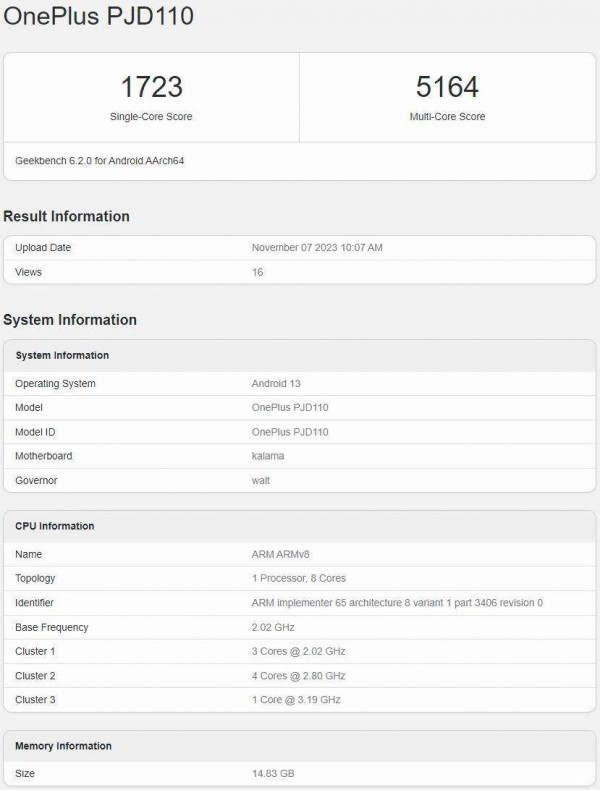 一加Ace 3亮相Geekbench：搭载骁龙8 Gen2，成绩惊人